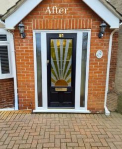 Newly installed composite front door in Essex featuring a decorative glass panel and side panels, improving security, energy efficiency, and aesthetics.