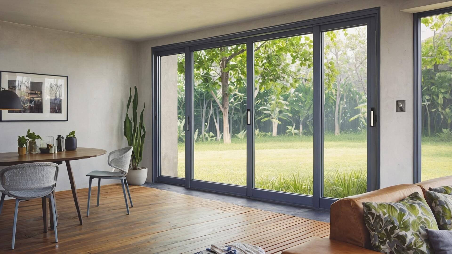 Black aluminium bifold doors with large glass panels, creating a seamless transition between an indoor living space and a garden.