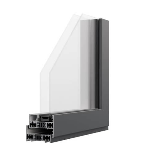 Close-up of an ultra-slim aluminium window profile with double glazing and an advanced thermal break system.